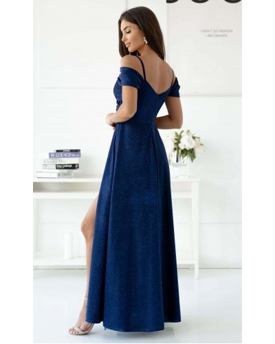 Rochie de ocazie lunga eleganta din glitter bleumarin cu umerii goi ValentinaLux Rochii lungi, Rochie de ocazie lunga eleganta din glitter bleumarin cu umerii goi ValentinaLux - jojofashion.ro