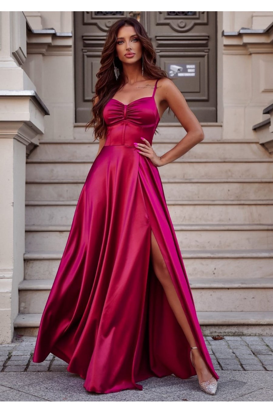 Rochie de ocazie lunga, din satin, burgundy, cu corset, Karenina 1 - jojofashion.ro