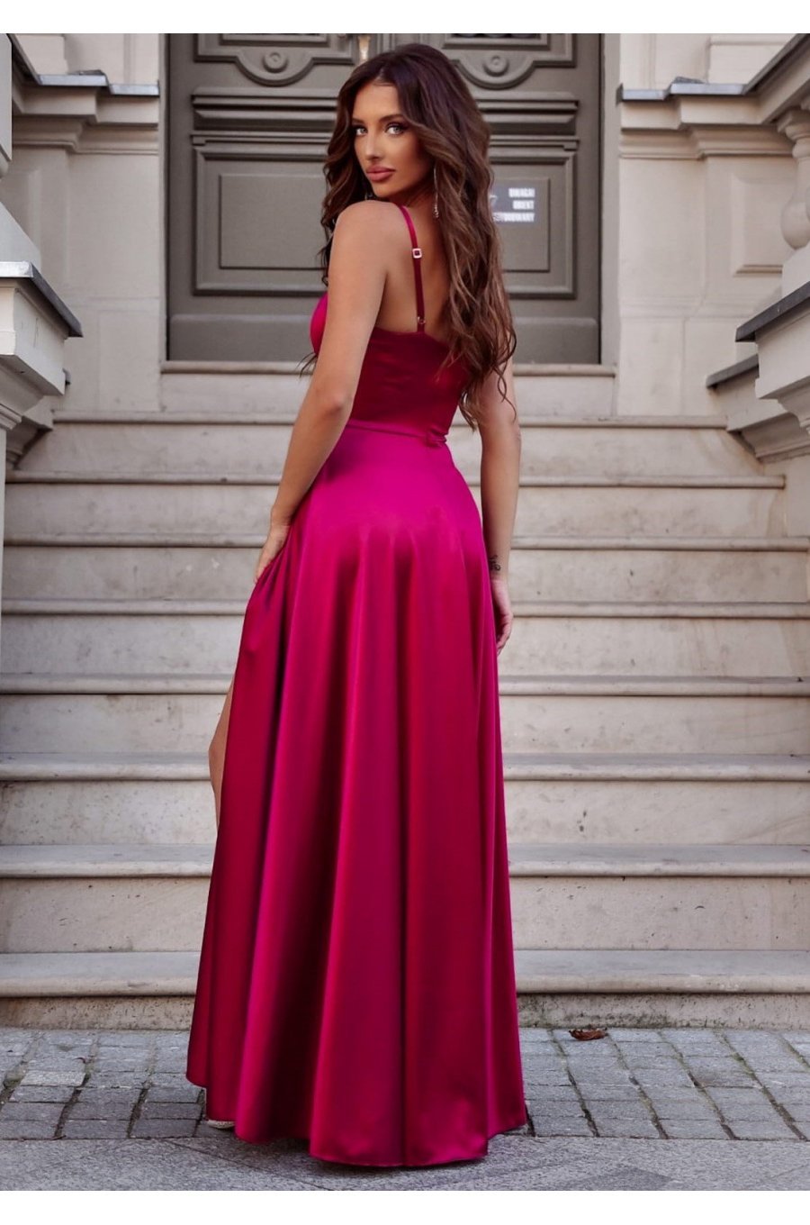 Rochie de ocazie lunga, din satin, burgundy, cu corset, Karenina 2 - jojofashion.ro