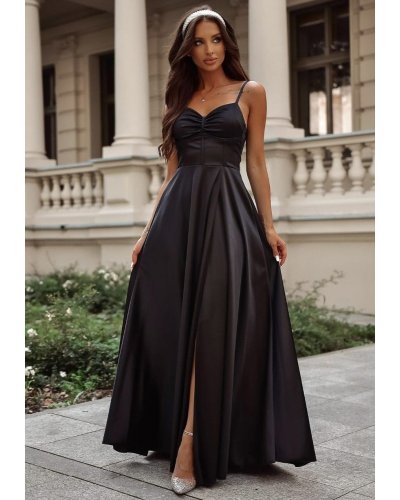 Rochie de ocazie lunga neagra din satin cu corset Karenina Rochii satin, Rochie de ocazie lunga neagra din satin cu corset Karenina - jojofashion.ro
