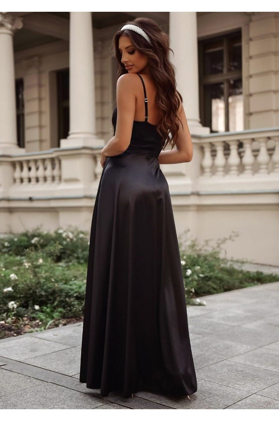 Rochie de ocazie lunga neagra din satin cu corset Karenina 2 - jojofashion.ro