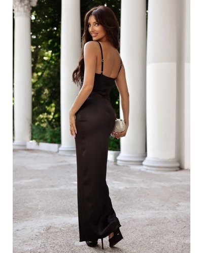 Rochie de ocazie lunga, din satin, neagra, mulata, KeliW Rochii satin, Rochie de ocazie lunga, din satin, neagra, mulata, KeliW - jojofashion.ro