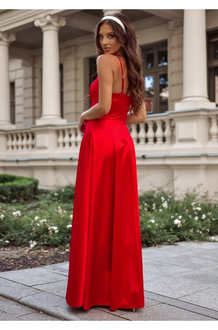 Rochie din satin, rosie, de ocazie lunga, cu corset, Karenina 2 - jojofashion.ro