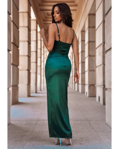 Rochie de ocazie lunga, din bumbac satinat, verde smarald, mulata, crapata pe picior, KeliW Rochii satin, Rochie de ocazie lunga, din bumbac satinat, verde smarald, mulata, crapata pe picior, KeliW - jojofashion.ro
