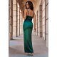 Rochie de ocazie lunga, din bumbac satinat, verde smarald, mulata, crapata pe picior, KeliW 3 - jojofashion.ro