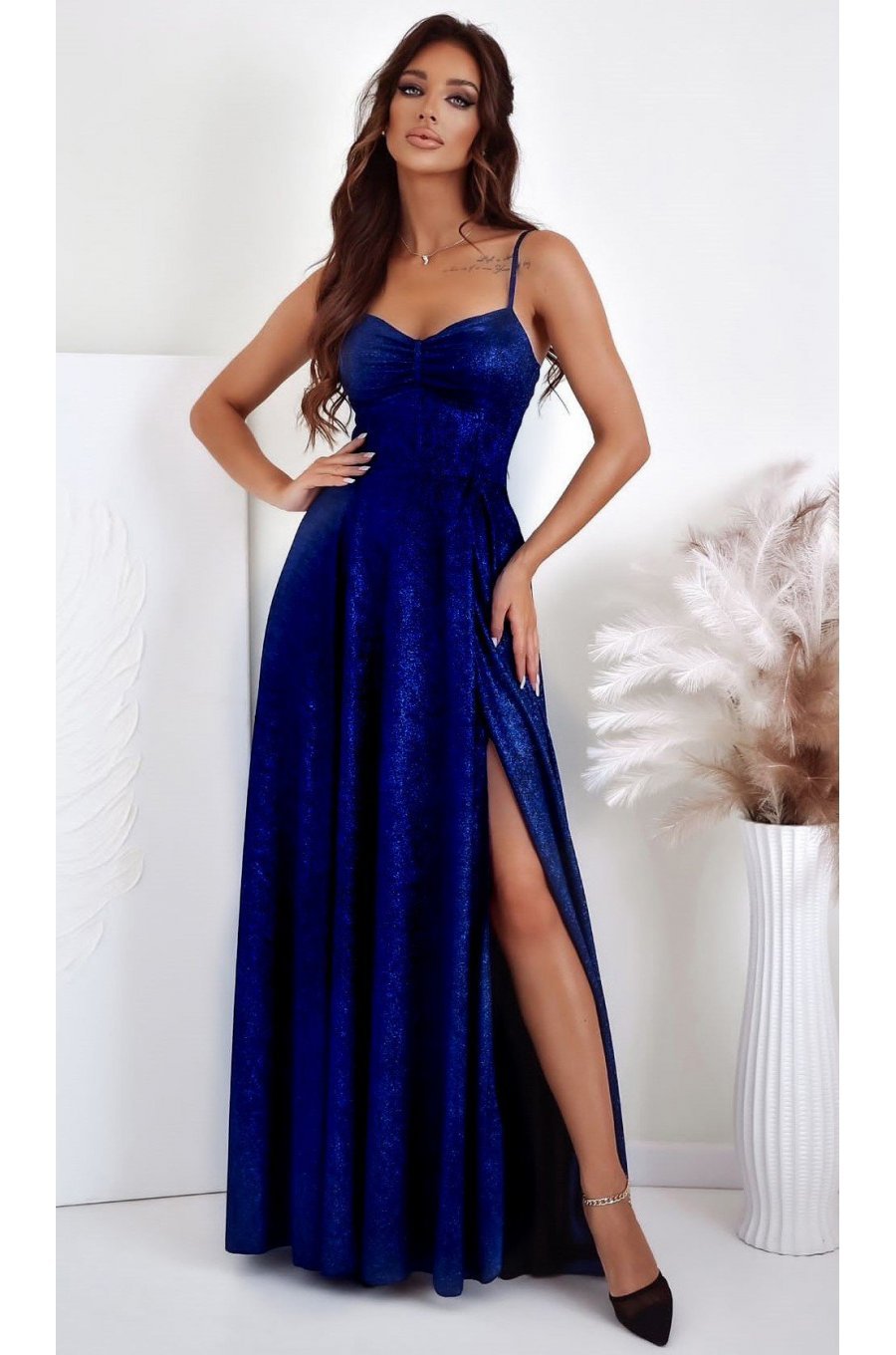 Rochie lunga din glitter bleumarin navy cu corset KareninaLux 1 - jojofashion.ro