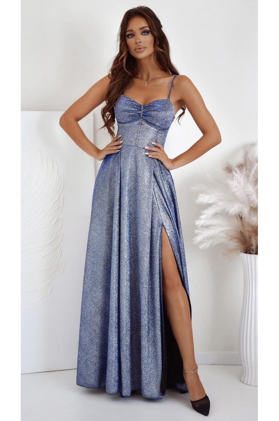 Rochie lunga din glitter gri cu reflexii argintii cu corset KareninaDisco 1 - jojofashion.ro