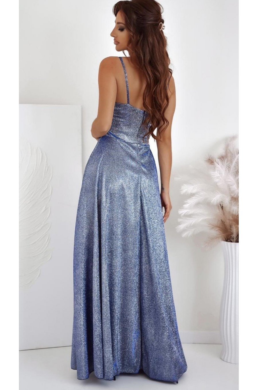 Rochie lunga din glitter gri cu reflexii argintii cu corset KareninaDisco 2 - jojofashion.ro