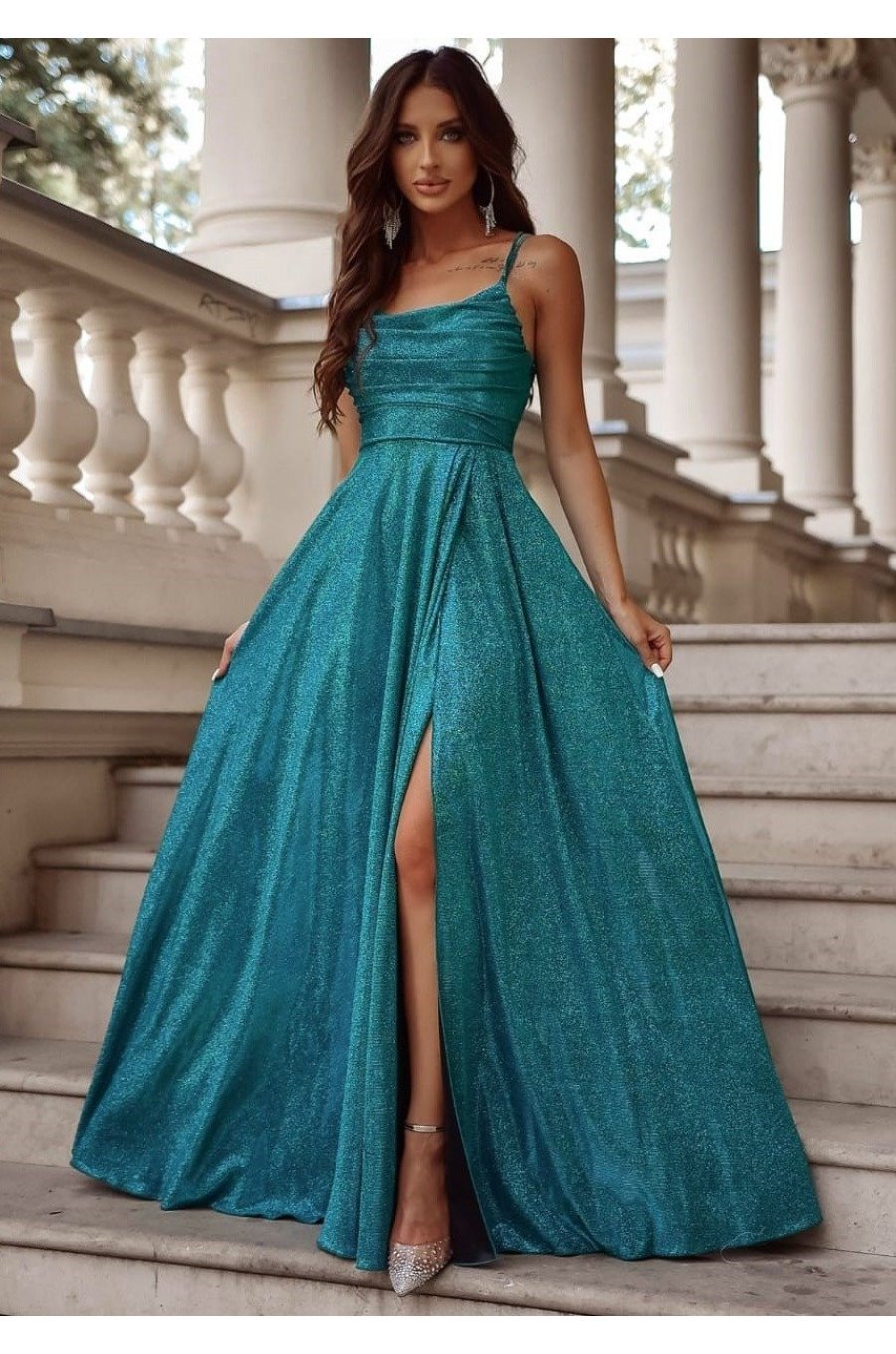 Rochie de ocazie lunga din glitter verde cu bust tip corset ValeriaLux 1 - jojofashion.ro