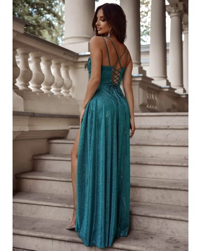 Rochie de ocazie lunga din glitter verde cu bust tip corset ValeriaLux Rochii, Rochie de ocazie lunga din glitter verde cu bust tip corset ValeriaLux - jojofashion.ro