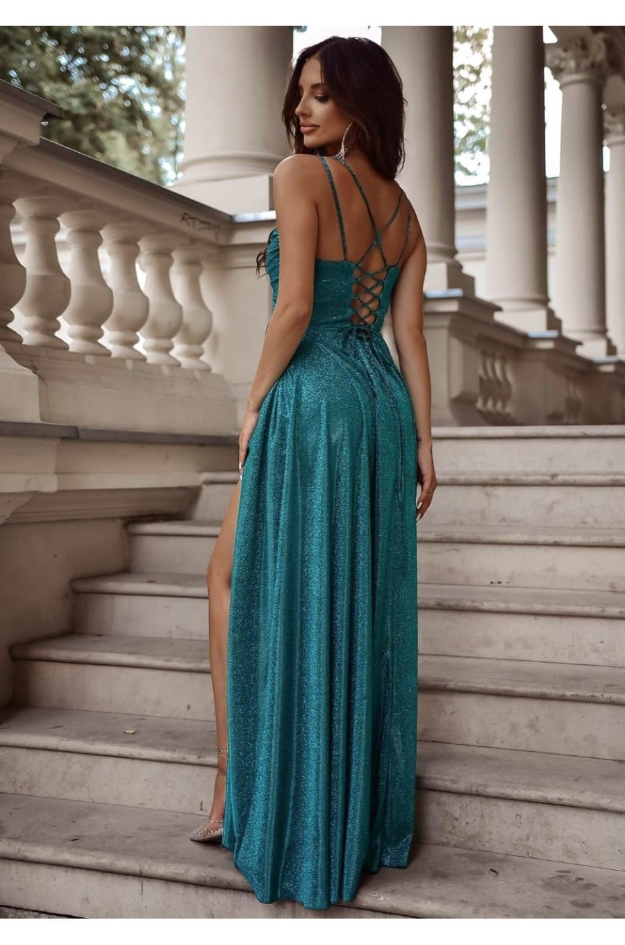 Rochie de ocazie lunga, glitter, verde, cu bust tip corset, ValeriaLux 2 - jojofashion.ro