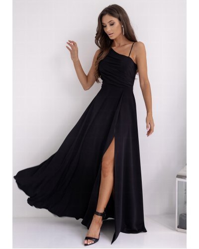 Rochie de ocazie lunga neagra cu un umar gol vaporoasa Monako Rochii lungi, Rochie de ocazie lunga neagra cu un umar gol vaporoasa Monako - jojofashion.ro