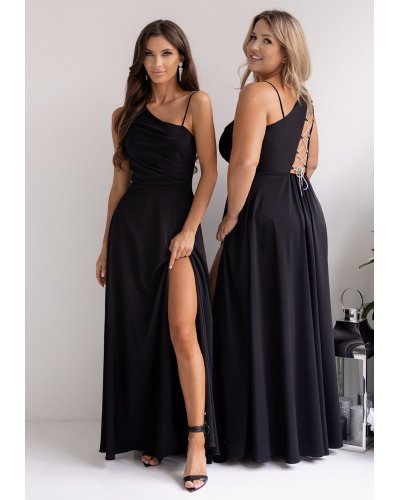 Rochie de ocazie lunga neagra cu un umar gol vaporoasa Monako Rochii lungi, Rochie de ocazie lunga neagra cu un umar gol vaporoasa Monako - jojofashion.ro