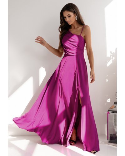 Rochie de ocazie lunga roz magenta cu un umar gol vaporoasa Monako Rochii lungi, Rochie de ocazie lunga roz magenta cu un umar gol vaporoasa Monako - jojofashion.ro