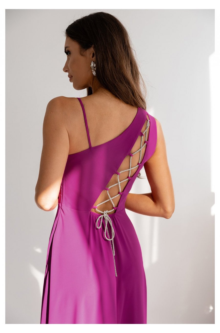 Rochie de ocazie lunga roz magenta cu un umar gol vaporoasa Monako 3 - jojofashion.ro