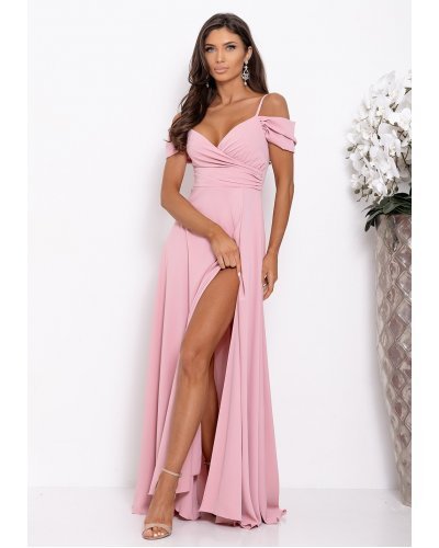 Rochie de ocazie lunga roz pal cu umerii goi vaporoasa ValentinaW Rochii de Ocazie Elegante, Rochie de ocazie lunga roz pal cu umerii goi vaporoasa ValentinaW - jojofashion.ro