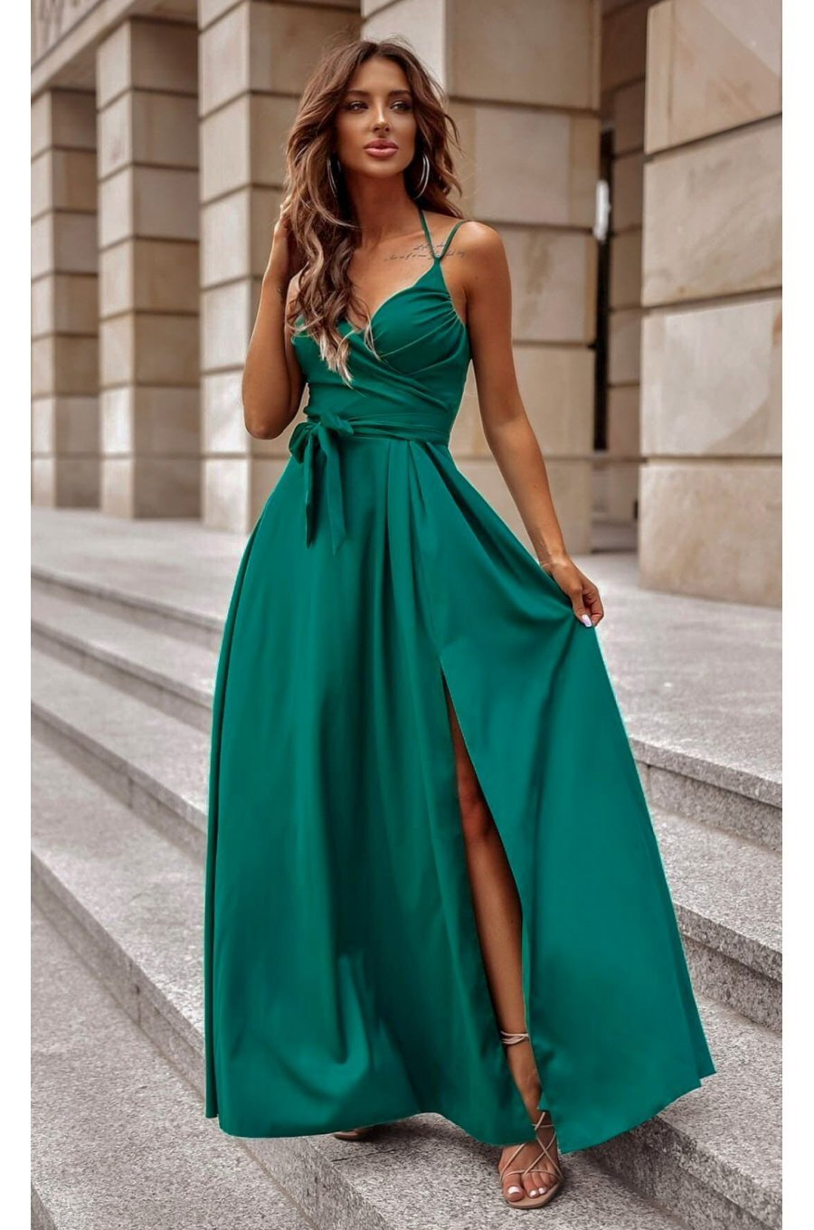 Rochie de ocazie lunga, verde, crapata pe picior, ScarletW2 1 - jojofashion.ro