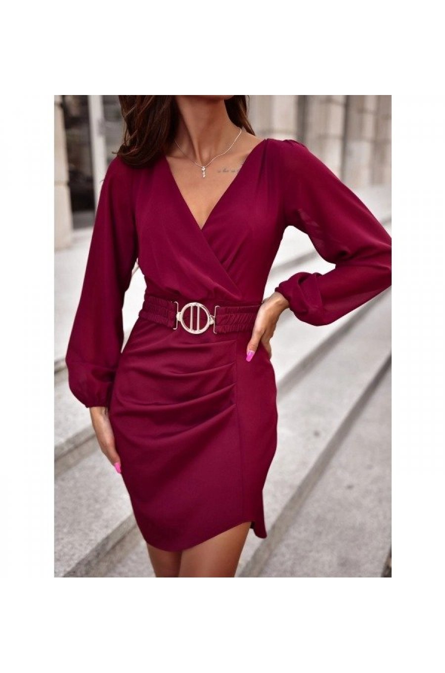 Rochie de ocazie scurta, burgundy, cu maneca lunga, MiraW 1 - jojofashion.ro