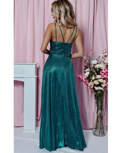 Rochie eleganta lunga din bumbac cu glitter verde cu reflexii turcoaz TifaniW Rochii lungi, Rochie eleganta lunga din bumbac cu glitter verde cu reflexii turcoaz TifaniW - jojofashion.ro