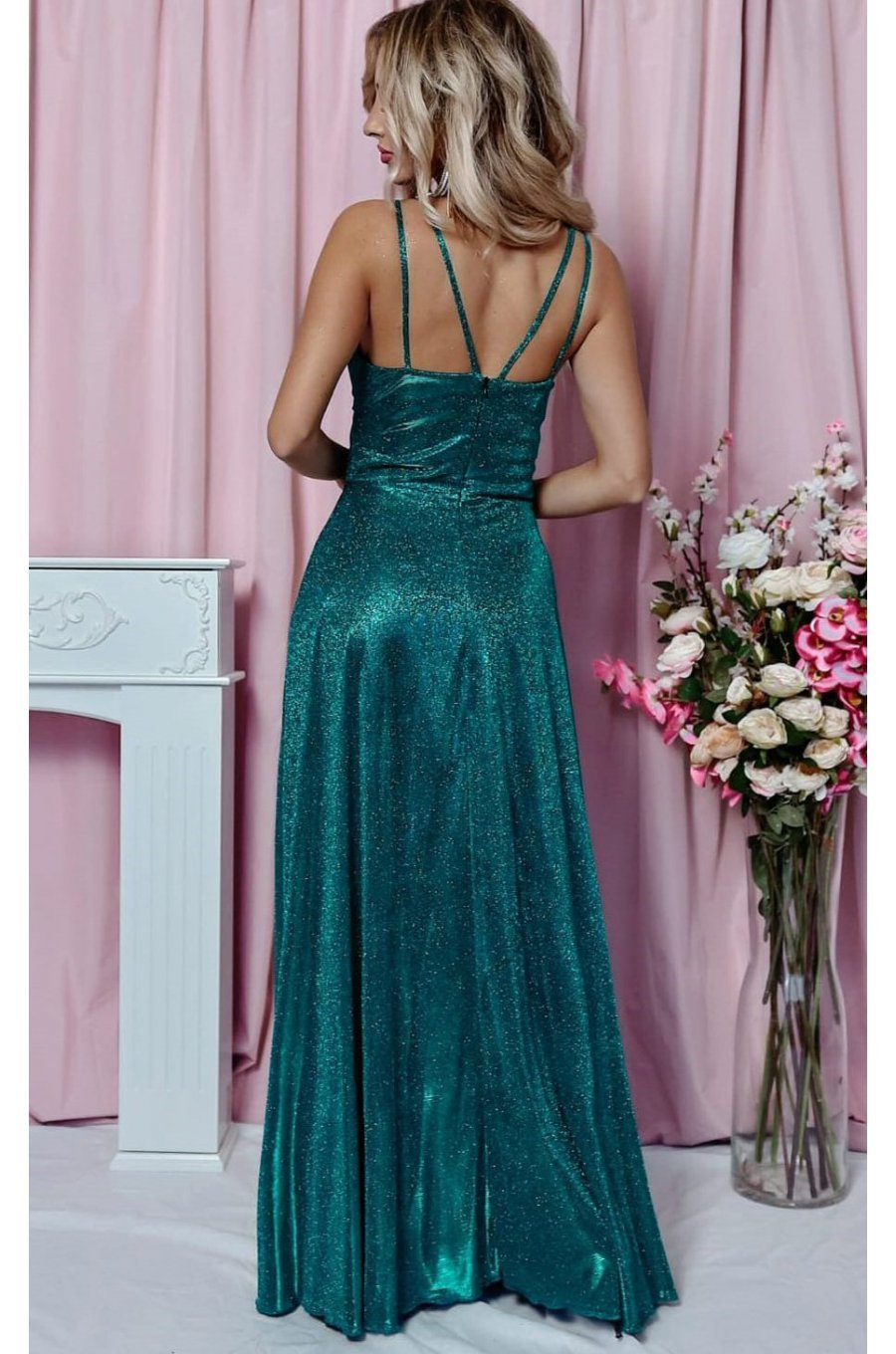 Rochie de seara lunga, bumbac cu glitter verde, cu reflexii turcoaz, TifaniW 2 - jojofashion.ro