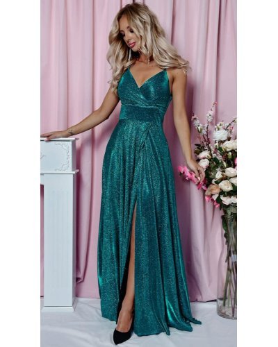 Rochie eleganta lunga din bumbac cu glitter verde cu reflexii turcoaz TifaniW Rochii lungi, Rochie eleganta lunga din bumbac cu glitter verde cu reflexii turcoaz TifaniW - jojofashion.ro