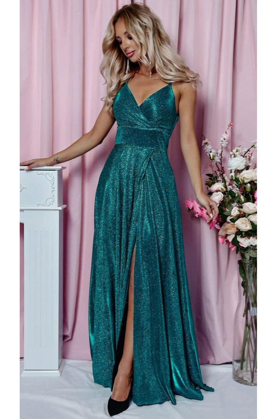 Rochie eleganta lunga din bumbac cu glitter verde cu reflexii turcoaz TifaniW 1 - jojofashion.ro