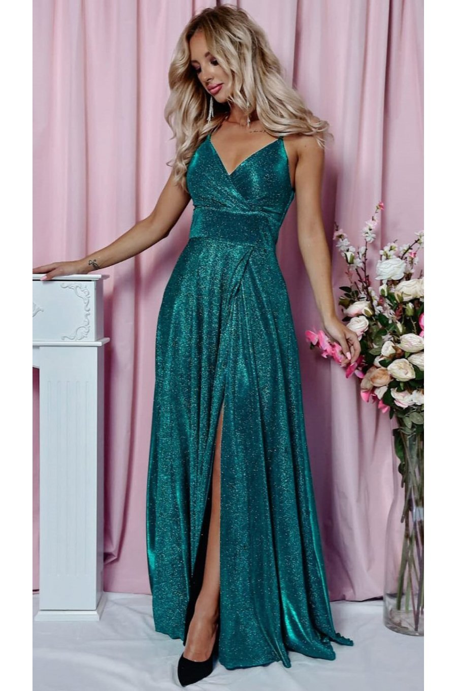 Rochie de seara lunga, bumbac cu glitter verde, cu reflexii turcoaz, TifaniW 1 - jojofashion.ro