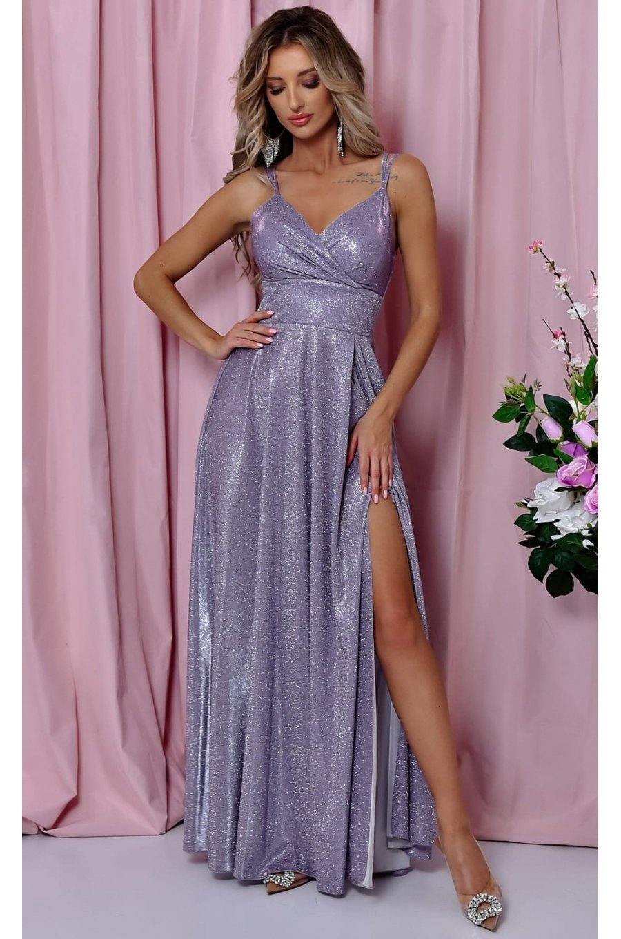 Rochie de seara lunga, bumbac cu glitter, bleu  cu reflexii violet, TifaniW 1 - jojofashion.ro