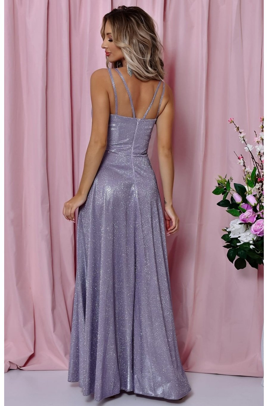 Rochie de seara lunga, bumbac cu glitter, bleu  cu reflexii violet, TifaniW 2 - jojofashion.ro