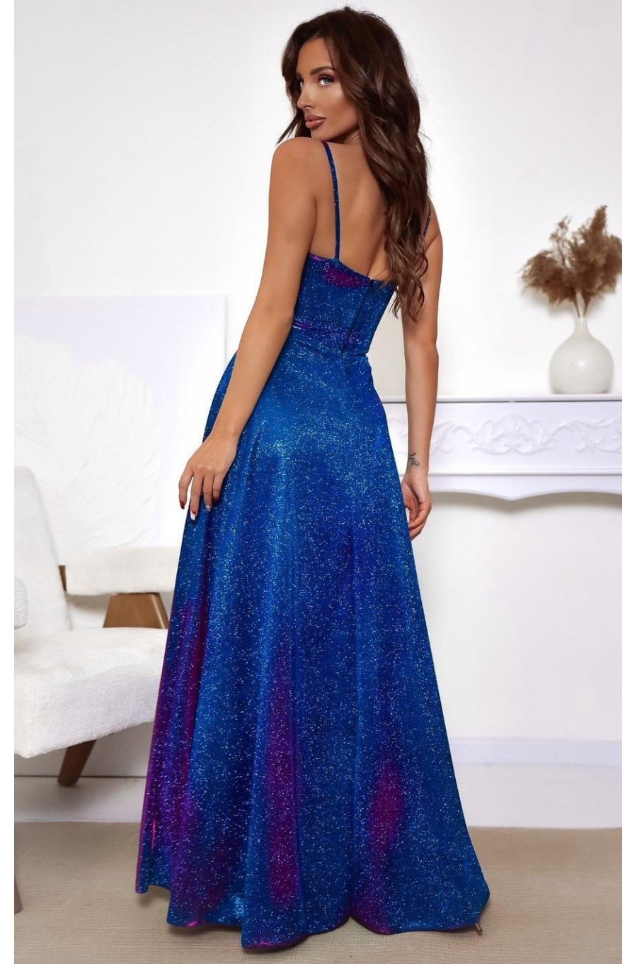 Rochie de seara lunga, glitter, albastra cu reflexii burgundy, cu corset, KareninaLux 2 - jojofashion.ro