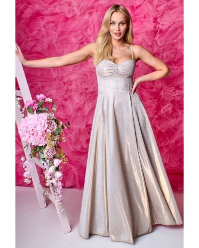 Rochie lunga aurie din glitter cu corset KareninaLux Rochii lungi, Rochie lunga aurie din glitter cu corset KareninaLux - jojofashion.ro