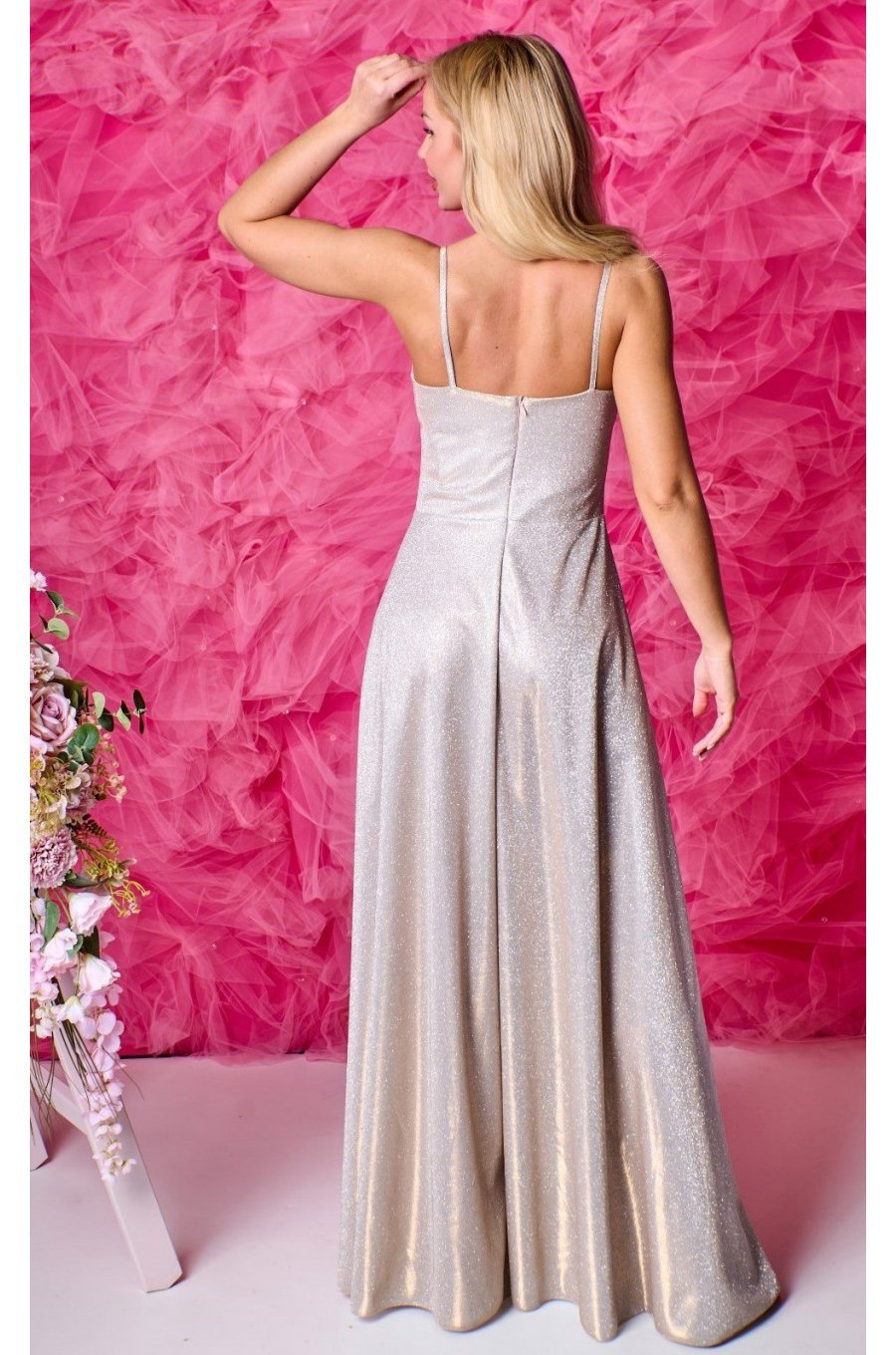 Rochie lunga aurie din glitter cu corset KareninaLux 2 - jojofashion.ro