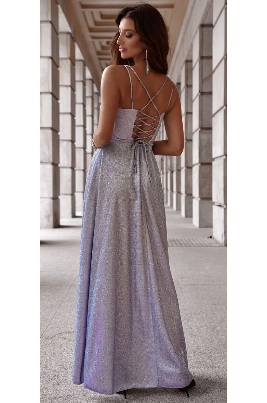 Rochie de seara lunga, glitter, bleu cu reflexii roz, cu bust tip corset, ValeriaLux 2 - jojofashion.ro