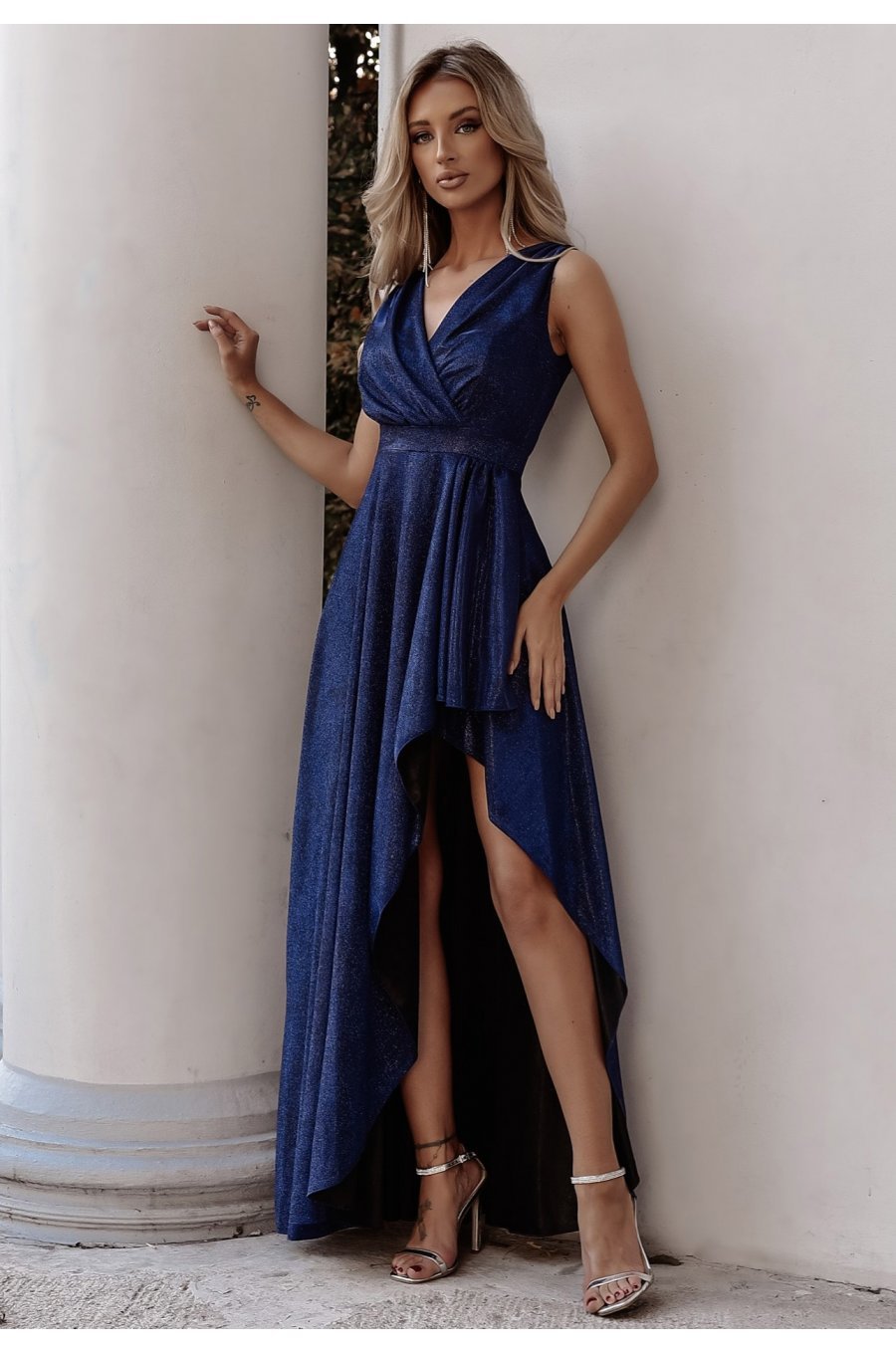 Rochie de seara lunga, glitter, bleumarin, asimetrica, ElifW2 1 - jojofashion.ro