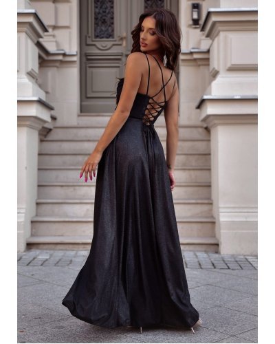 Rochie de seara lunga, glitter, neagra, cu bust tip corset, ValeriaLux Rochii, Rochie de seara lunga, glitter, neagra, cu bust tip corset, ValeriaLux - jojofashion.ro