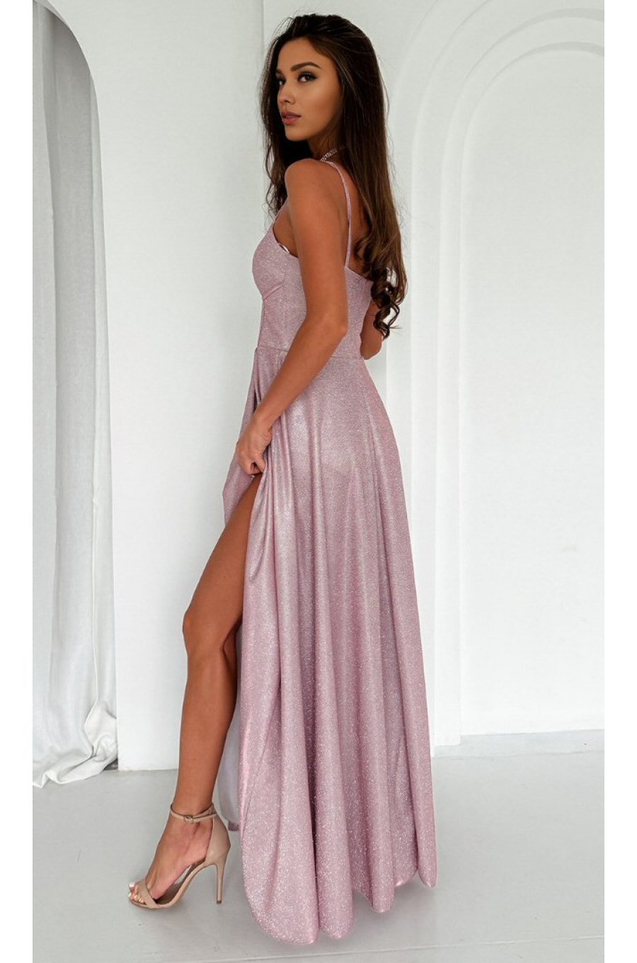 Rochie de seara lunga, glitter, roz pastel, cu corset, KareninaLux 2 - jojofashion.ro