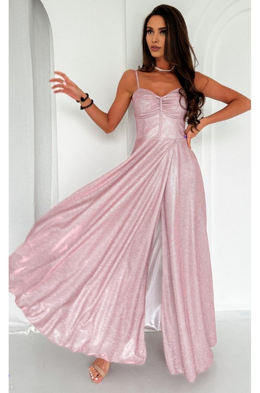 Rochie de seara lunga, glitter, roz pastel, cu corset, KareninaLux 3 - jojofashion.ro