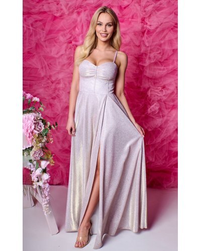Rochie lunga din glitter sampanie cu corset KareninaLux Rochii lungi, Rochie lunga din glitter sampanie cu corset KareninaLux - jojofashion.ro