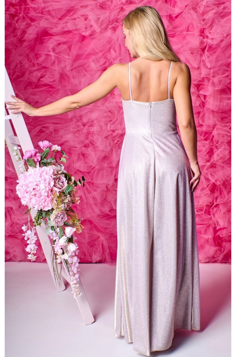 Rochie lunga din glitter sampanie cu corset KareninaLux 2 - jojofashion.ro