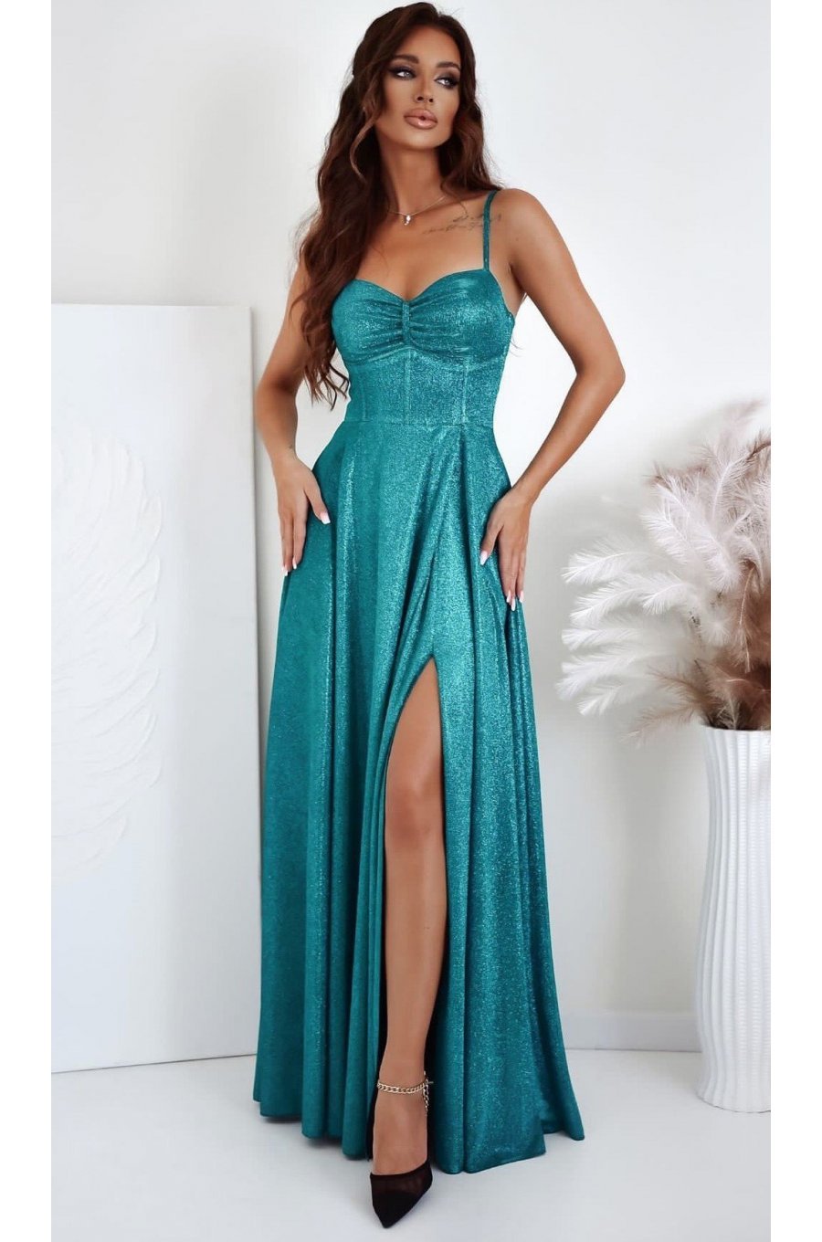 Rochie lunga verde din glitter cu corset KareninaLux 1 - jojofashion.ro