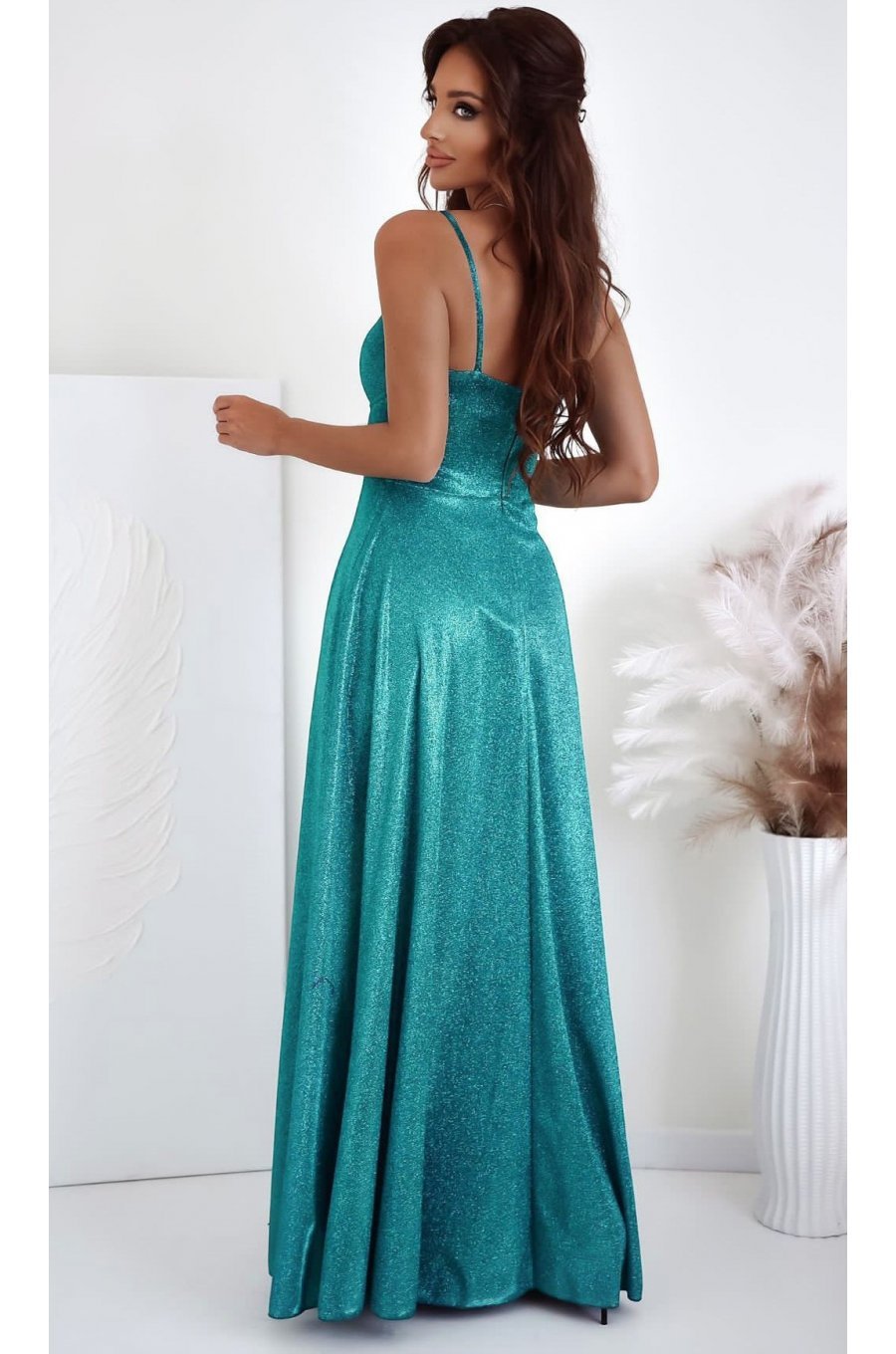 Rochie lunga verde din glitter cu corset KareninaLux 2 - jojofashion.ro