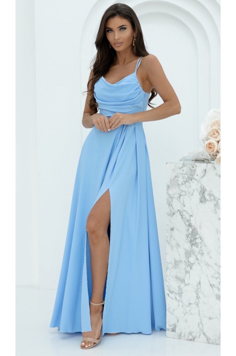 Rochie domnisoara de onoare lunga bleu cu bust tip corset ValeriaW 1 - jojofashion.ro