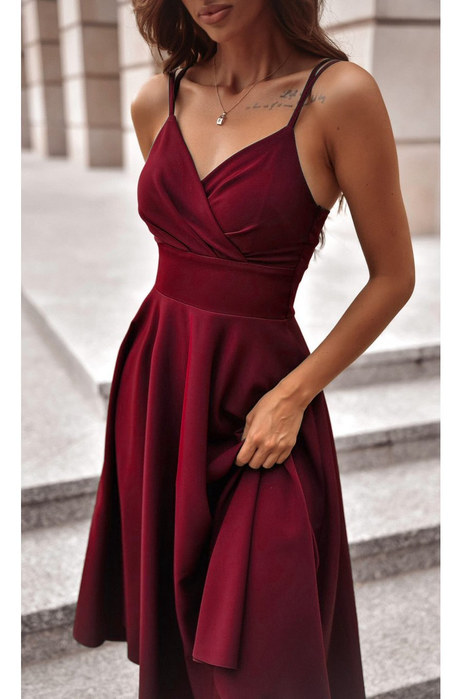 Rochie baby doll midi eleganta din bumbac burgundy Tifaniw3 3 - jojofashion.ro