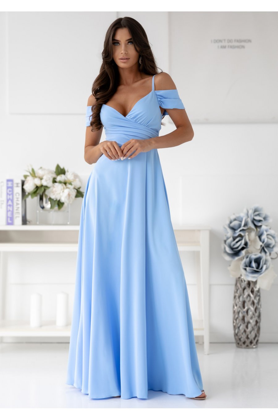 Rochie eleganta de ocazie lunga baby blue cu umerii goi ValentinaW 1 - jojofashion.ro