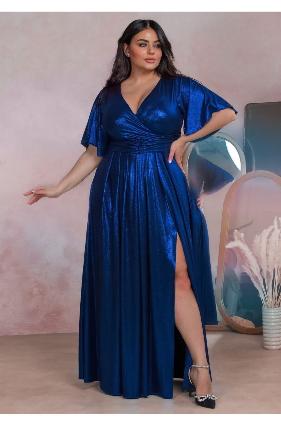 Rochie eleganta in marimi mari, lunga, din bumbac cu glitter, albastra, cu maneca larga, ZoeW 1 - jojofashion.ro
