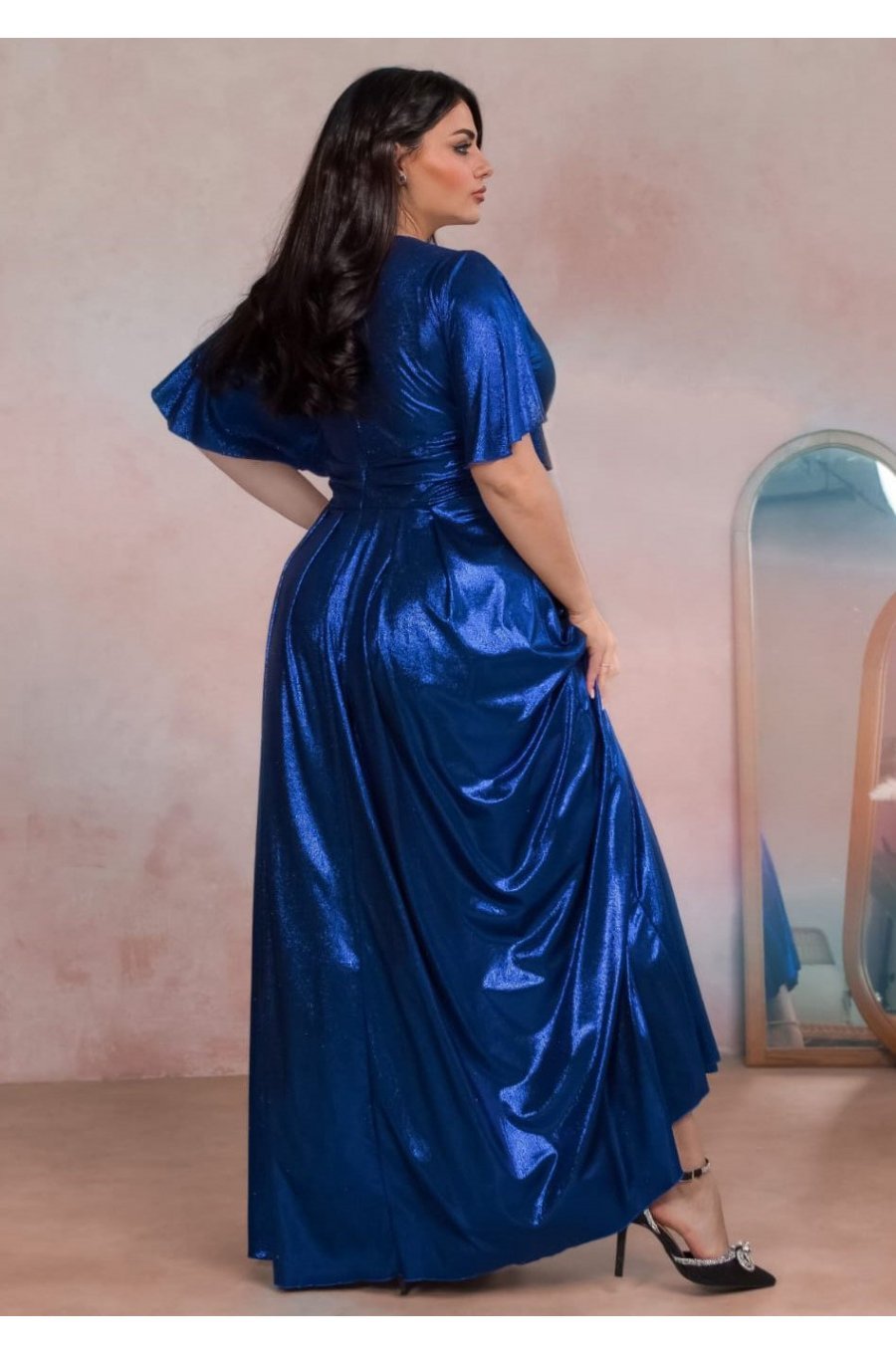 Rochie eleganta in marimi mari, lunga, din bumbac cu glitter, albastra, cu maneca larga, ZoeW 2 - jojofashion.ro