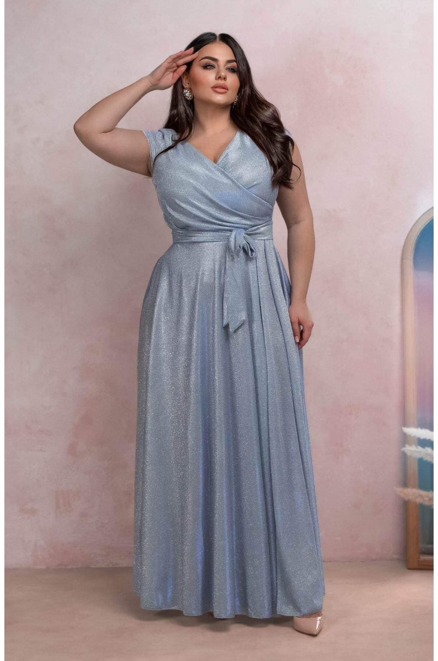 Rochie eleganta in marimi mari, lunga, din bumbac cu glitter, baby blue, crapata pe picior, AmandaW 1 - jojofashion.ro