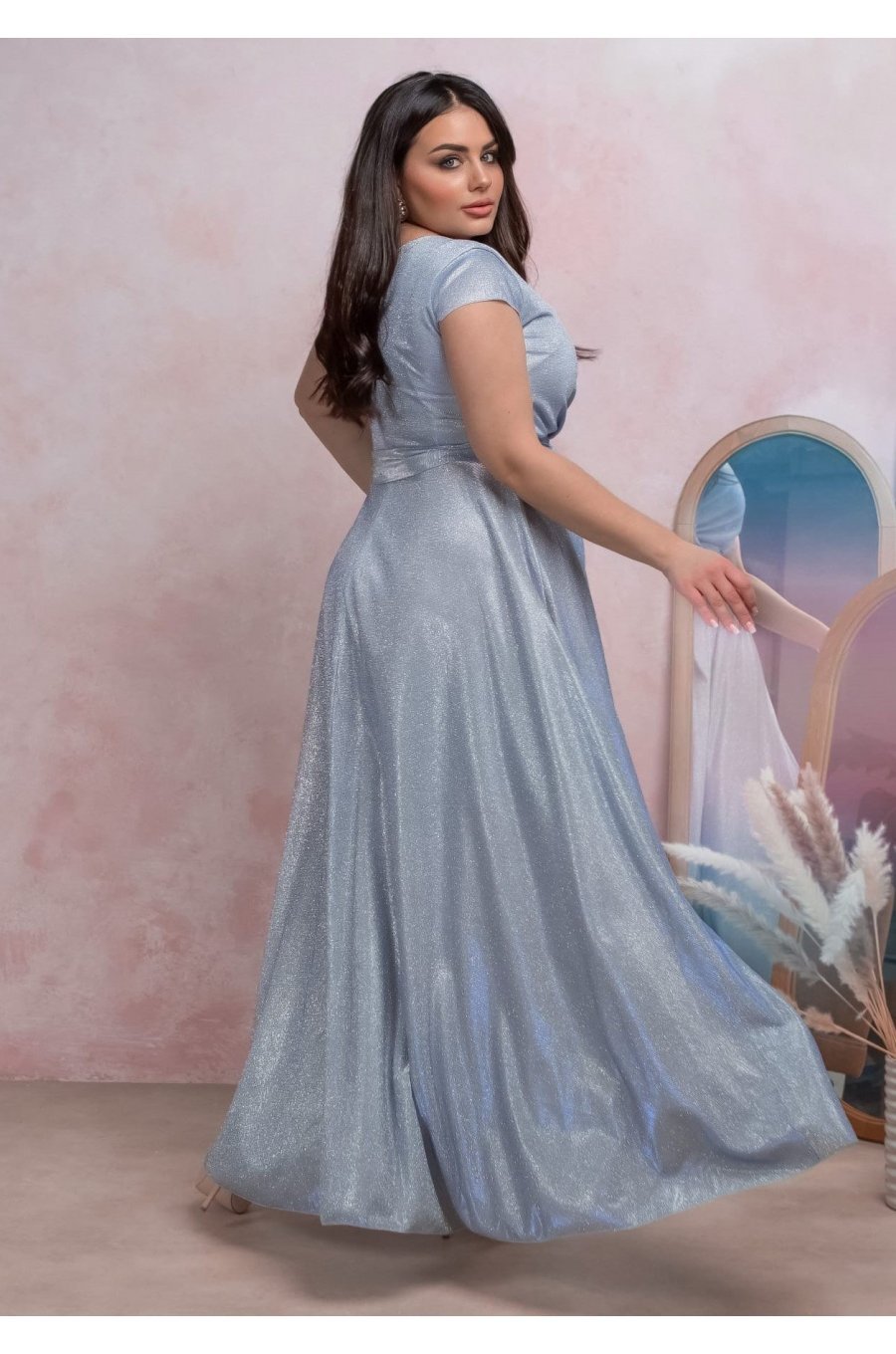 Rochie eleganta in marimi mari, lunga, din bumbac cu glitter, baby blue, crapata pe picior, AmandaW 2 - jojofashion.ro