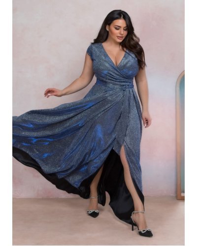 Rochie eleganta in marimi mari, lunga, glitter gri cu reflexii albastre, crapata pe picior, disco, AmandaW Rochii lungi, Rochie eleganta in marimi mari, lunga, glitter gri cu reflexii albastre, crapata pe picior, disco, AmandaW - jojofashion.ro