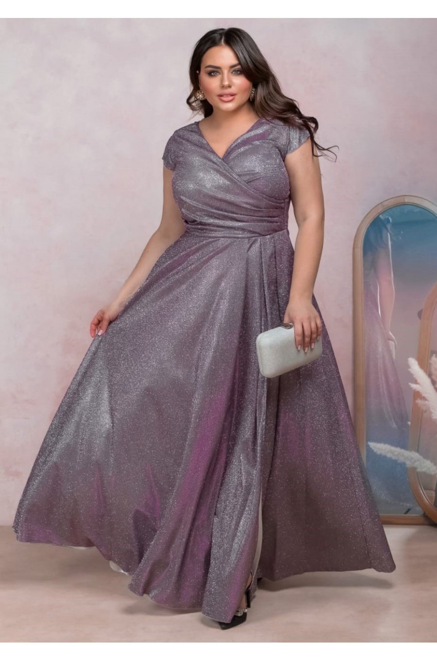 Rochie eleganta in marimi mari, lunga, din bumbac cu glitter, lila, crapata pe picior, AmandaW 1 - jojofashion.ro